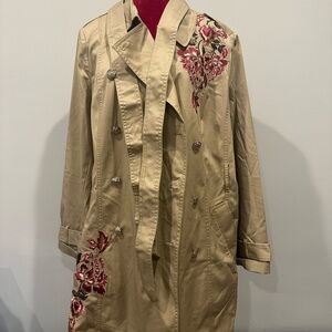 White House Black Market Tan Trench Coat with Red Floral Embroidery